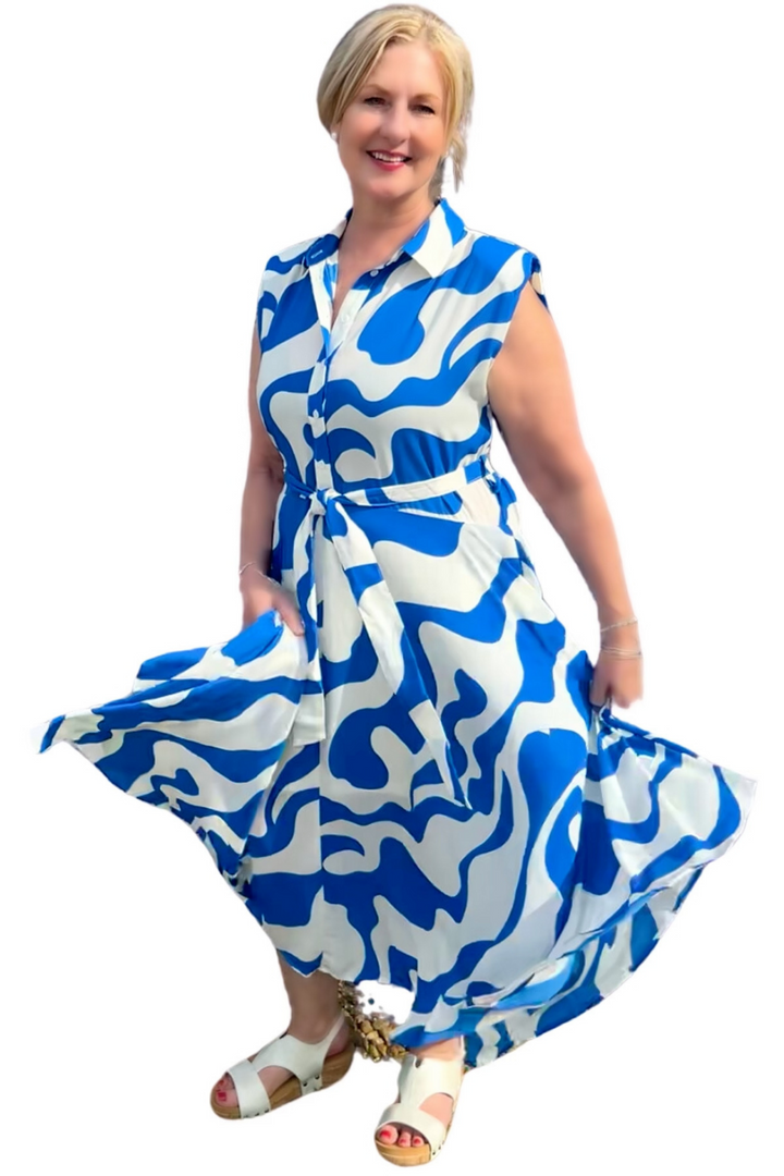 Blue and White Swirl Pattern Button Front Sleeveless Dress - Vintage Dragonfly Boutique