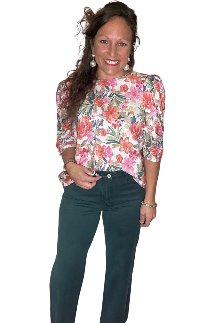 Floral Pattern Multicolored Puff Sleeve Top