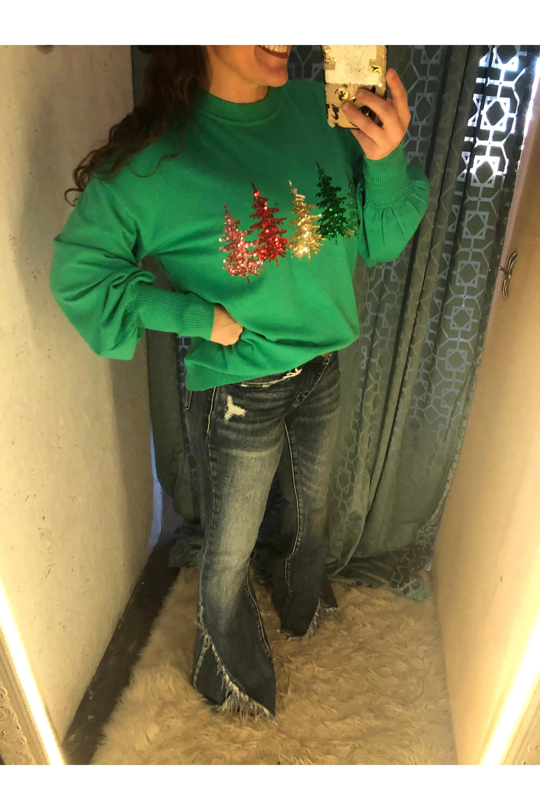 Vine & Love Green Soft Sequined Christmas Tree Sweater - Vintage Dragonfly Boutique