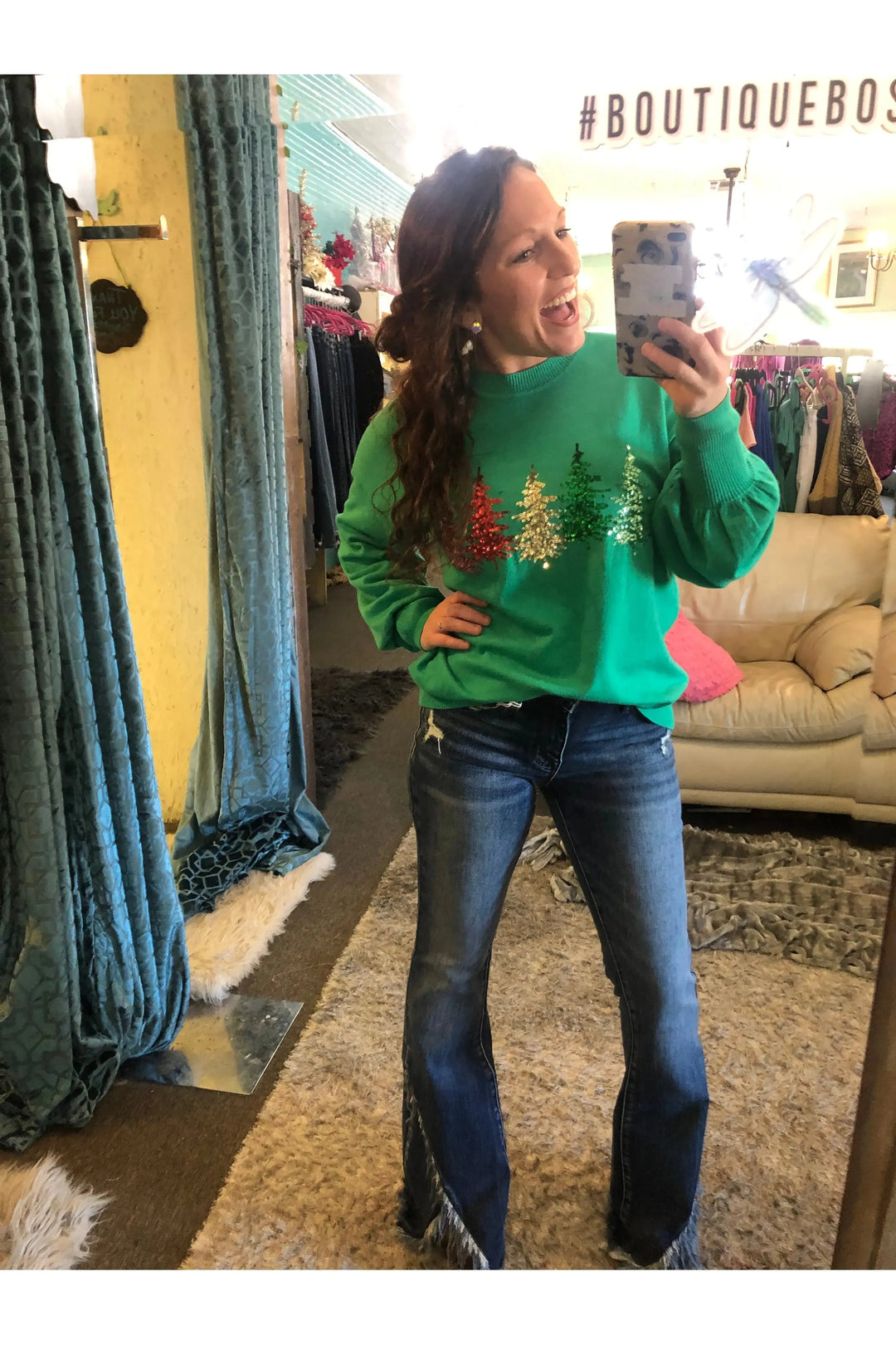 Vine & Love Green Soft Sequined Christmas Tree Sweater - Vintage Dragonfly Boutique