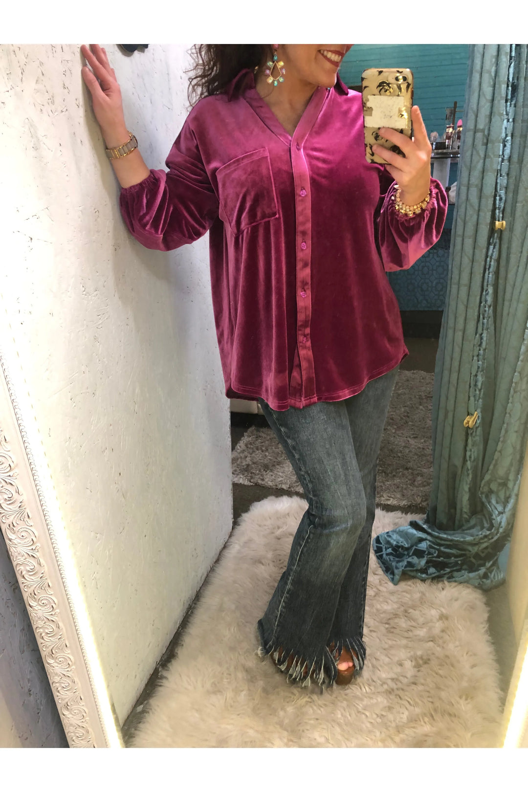 Magenta Velvet Button Front Top - Vintage Dragonfly Boutique