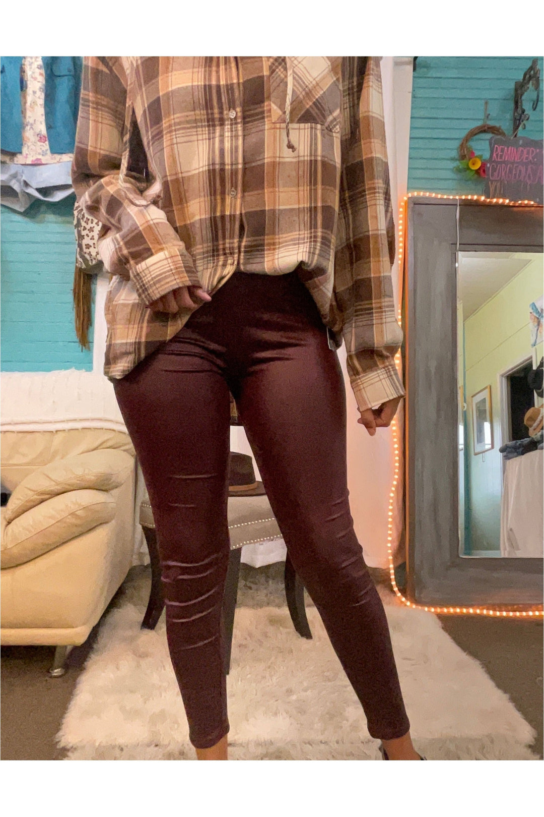 Burgandy faux leather leggings-Bottoms-Judson-Vintage Dragonfly-Women’s Fashion Boutique Located in Sumrall, Mississippi