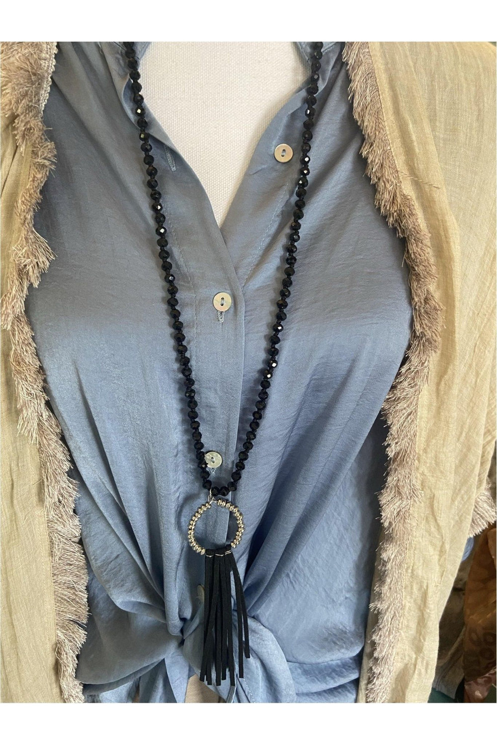 Black Crystal Necklace with Silver Circle and Black Suede Fringe - Vintage Dragonfly Boutique